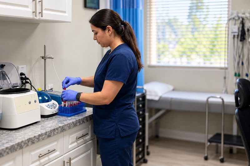 Staff member handling specimen tubes at a Miami Lakes laboratory counter