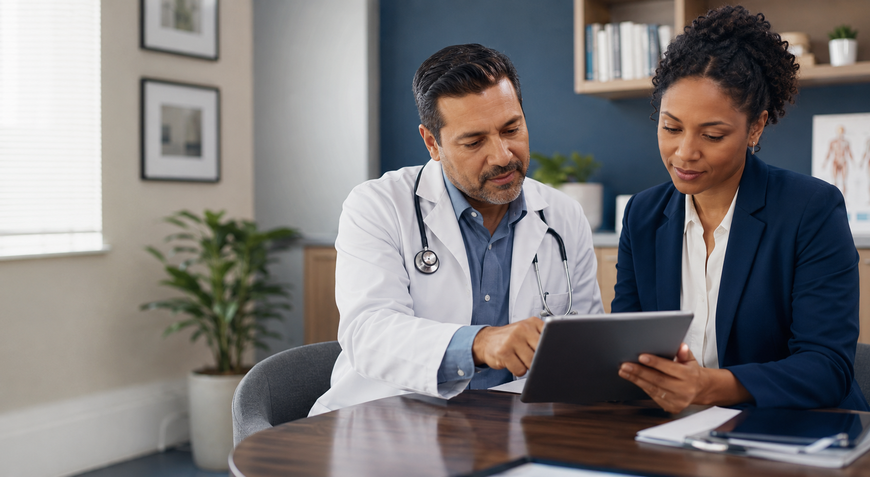 A physician and research professional reviewing clinical information